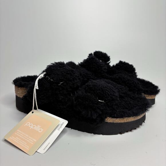 Papillio Shoes - Papillio by Birkenstock Arizona Big Buckle Shearling Sandals in Teddy Black